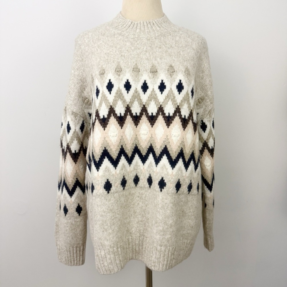 H&M Fair Isle SWEATER S Womens Oversized Chunky Pink Scandi Soft Neutral Wool